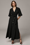 Black Notched Lapel A Line Maxi Buttons Blazer Dress with Sleeves
