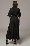 Black Notched Lapel A Line Maxi Buttons Blazer Dress with Sleeves