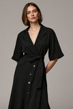 Black Notched Lapel A Line Maxi Buttons Blazer Dress with Sleeves