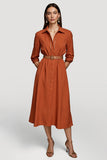 Orange Collar Neck 3/4 Sleeves Midi Shirt Work Dress with Belts
