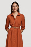 Orange Collar Neck 3/4 Sleeves Midi Shirt Work Dress with Belts