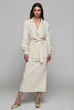 Ivory Notched Lapel 2 Piece Pencil Midi Business Suits with Sleeves