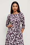 Dark Purple Bateau A Line Printed Midi Work Dress with Sleeves