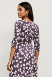 Dark Purple Bateau A Line Printed Midi Work Dress with Sleeves