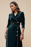 Midi Peacock Blue Velvet Notched Lapel Blazer Dress with Sleeves