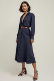 Navy Collar Neck A Line Midi Shirt Work Dress with Sleeves