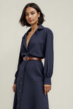 Navy Collar Neck A Line Midi Shirt Work Dress with Sleeves