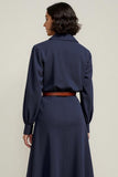 Navy Collar Neck A Line Midi Shirt Work Dress with Sleeves