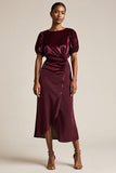 Midi Burgundy Boat Neck Bodycon Work Dress with Sleeves