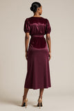Midi Burgundy Boat Neck Bodycon Work Dress with Sleeves