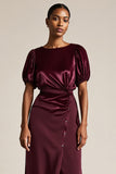 Midi Burgundy Boat Neck Bodycon Work Dress with Sleeves