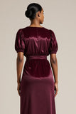 Midi Burgundy Boat Neck Bodycon Work Dress with Sleeves