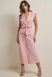 Pink Notched Lapel Sleeveless Work Jumpsuits with Sash