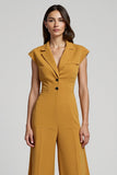 Yellow Buttons Notched Lapel Cap Sleeves Ankle Length Work Jumpsuits