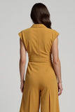 Yellow Buttons Notched Lapel Cap Sleeves Ankle Length Work Jumpsuits