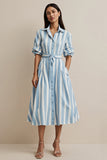 Blue Pockets Collar Neck A Line Midi Shirt Work Dress with Sash
