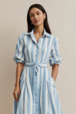 Blue Pockets Collar Neck A Line Midi Shirt Work Dress with Sash