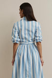 Blue Pockets Collar Neck A Line Midi Shirt Work Dress with Sash