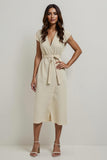 Midi V-Neck Apricot Pencil Work Dress with Sleeves