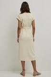 Midi V-Neck Apricot Pencil Work Dress with Sleeves