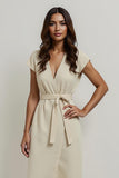 Midi V-Neck Apricot Pencil Work Dress with Sleeves