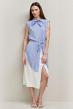 Blue 2 Piece Pencil Bows Midi Blouses and Skirt with Slit