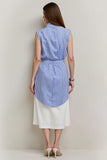 Blue 2 Piece Pencil Bows Midi Blouses and Skirt with Slit