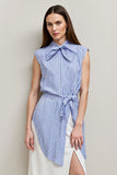 Blue 2 Piece Pencil Bows Midi Blouses and Skirt with Slit