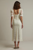Maxi Apricot Square Neck Pencil Lace Work Dress with Sleeves