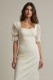 Maxi Apricot Square Neck Pencil Lace Work Dress with Sleeves