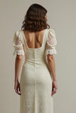 Maxi Apricot Square Neck Pencil Lace Work Dress with Sleeves