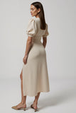 Ivory V-Neck Buttons Puff Sleeves Maxi Work Dress with Slit