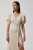 Ivory V-Neck Buttons Puff Sleeves Maxi Work Dress with Slit