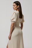 Ivory V-Neck Buttons Puff Sleeves Maxi Work Dress with Slit