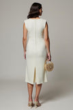 Simple Midi White V-Neck Pencil Work Dress with 3D Flowers