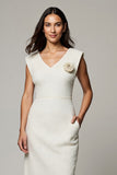 Simple Midi White V-Neck Pencil Work Dress with 3D Flowers