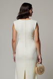 Simple Midi White V-Neck Pencil Work Dress with 3D Flowers