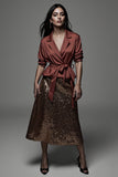 Sparkly 2 Piece Terracotta Notched Lapel Midi Blouses and Skirt with Sash