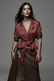 Sparkly 2 Piece Terracotta Notched Lapel Midi Blouses and Skirt with Sash