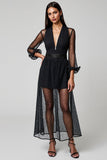 Navy Deep V-Neck Sheer Sleeves A-Line Long Work Dress