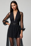 Navy Deep V-Neck Sheer Sleeves A-Line Long Work Dress