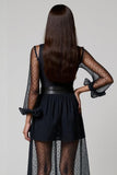 Navy Deep V-Neck Sheer Sleeves A-Line Long Work Dress