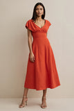 Orange Midi Satin V-Neck A Line Work Dress with Sleeves