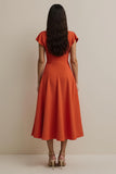 Orange Midi Satin V-Neck A Line Work Dress with Sleeves