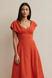 Orange Midi Satin V-Neck A Line Work Dress with Sleeves