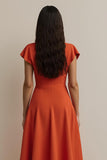 Orange Midi Satin V-Neck A Line Work Dress with Sleeves