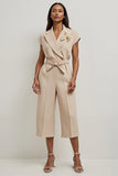 Khaki Satin Notched Lapel Work Jumpsuits with Belt