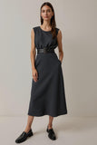 Simple Midi Navy Round Neck Pencil Work Dress with Pockets