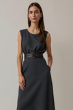 Simple Midi Navy Round Neck Pencil Work Dress with Pockets