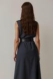 Simple Midi Navy Round Neck Pencil Work Dress with Pockets